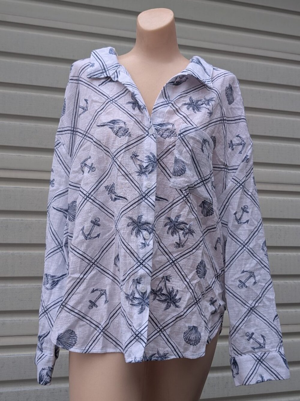Coastal Grandma Cotton Shell Anchor Print Beach Cover Up White Blue Nautical L